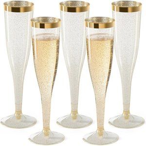 6.5 Oz Disposable Plastic  Champagne Flutes Glasses Gold Rim With Glitter Mimosa
